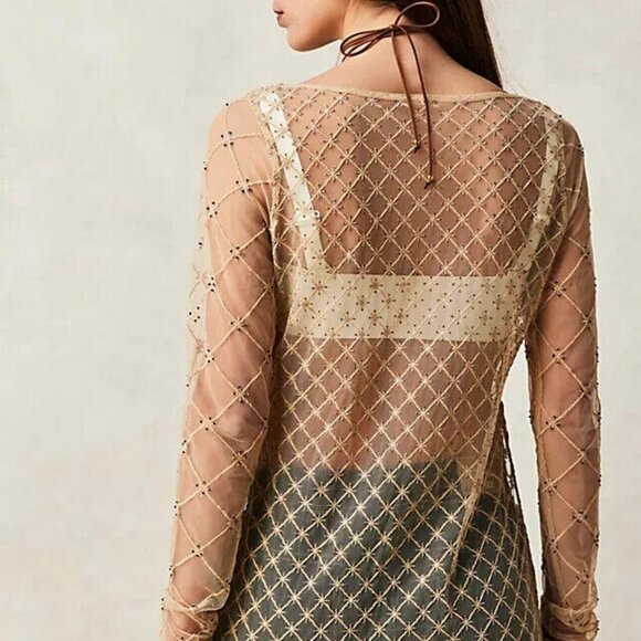 Free People Cross My Heart Tunic Top Barnacle Mauve Sheer Embellished S 257025 - Picture 4 of 9